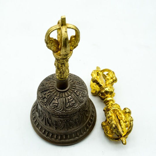 Bronze Special Semi-Medium-Sized Bell Bajra accompanying - Dorje Vajra, Gold Plated - Tibetan Heal Tool as Multi-Purpose Call Bell
