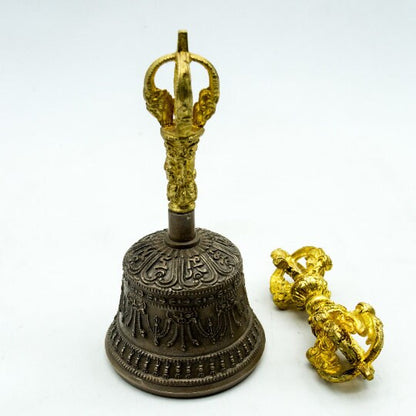 Bronze Special Semi-Medium-Sized Bell Bajra accompanying - Dorje Vajra, Gold Plated - Tibetan Heal Tool as Multi-Purpose Call Bell