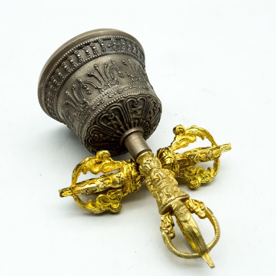 Bronze Special Semi-Medium-Sized Bell Bajra accompanying - Dorje Vajra, Gold Plated - Tibetan Heal Tool as Multi-Purpose Call Bell