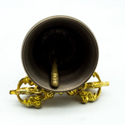 Bronze Special Semi-Medium-Sized Bell Bajra accompanying - Dorje Vajra, Gold Plated - Tibetan Heal Tool as Multi-Purpose Call Bell
