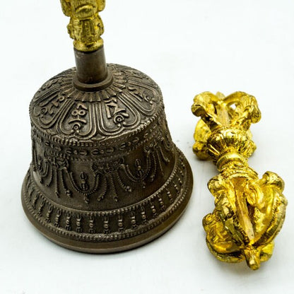 Bronze Special Semi-Medium-Sized Bell Bajra accompanying - Dorje Vajra, Gold Plated - Tibetan Heal Tool as Multi-Purpose Call Bell